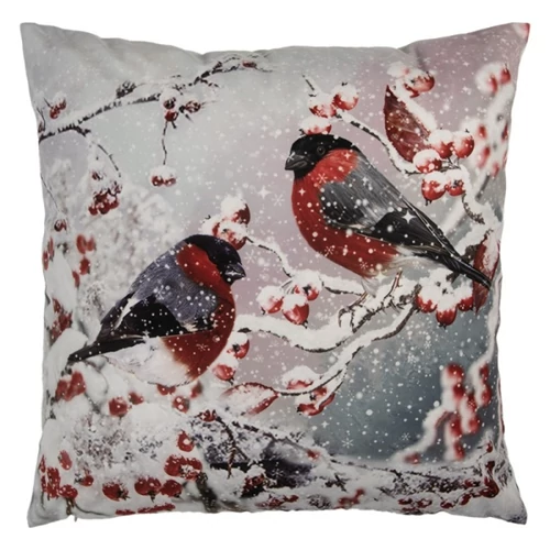Textil párnahuzat 45x45cm, 100% polyester, madarak havas csipkebogyó ágakon, CLEEF.KT021.413