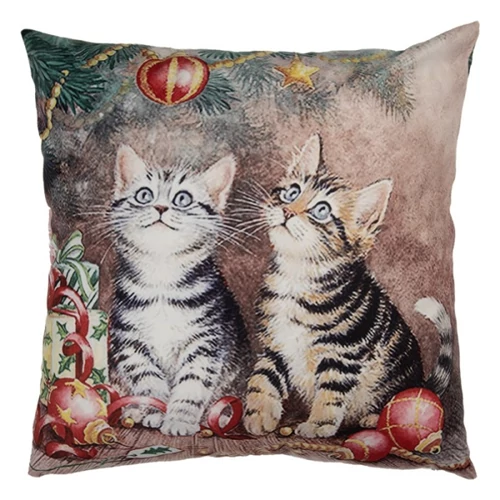 Textil párnahuzat 45x45cm, 100% polyester, cicák a karácsonyfa alatt, CLEEF.KT021.417