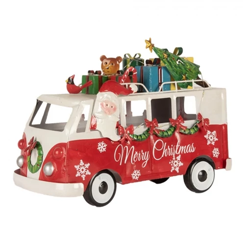 Santa busz LED-es, piros fém dekoráció, 31x15x21cm, CLEEF.6Y5855