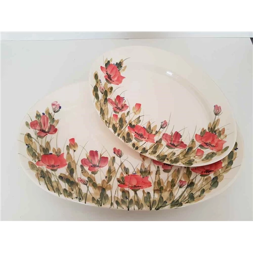 Tele virágos ovál tál,kicsi,pipacs,kerámia kézzel festett-31,5x21x3,5cm, V.K.43-29-02